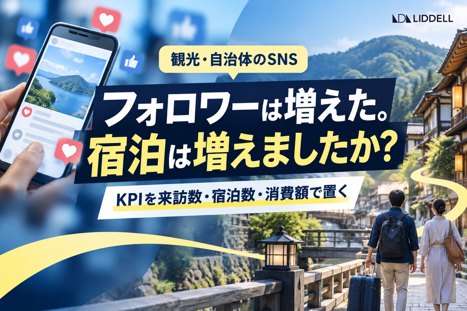 観光・自治体のSNS運用。フォロワーは増えたが宿泊は増えたかを問い、KPIを来訪数・宿泊数・消費額で置くことを示すイメージ