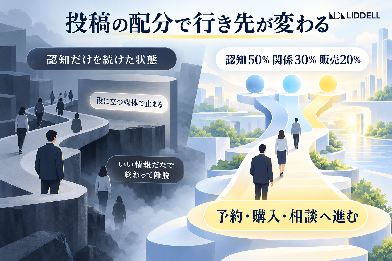 投稿の配分で行き先が変わる|認知だけを続けた状態と認知50%・関係30%・販売20%の対比