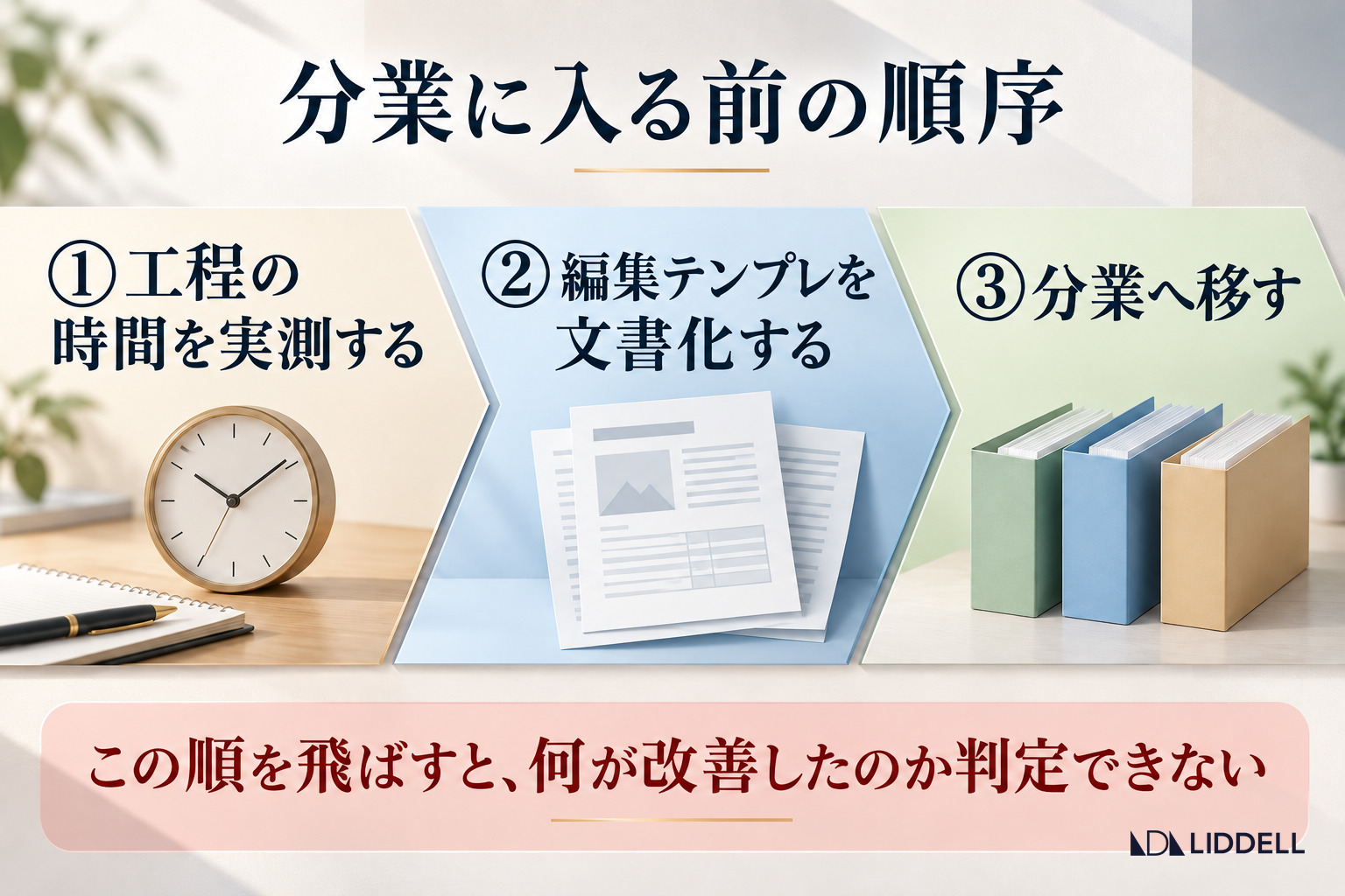 分業に入る前の順序｜工程の時間を実測する・編集テンプレを文書化する・分業へ移す